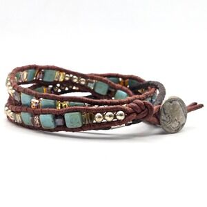 Boho Leather Wrap Bracelet Turquoise Glass Crystal Beads Buffalo Nickel Button